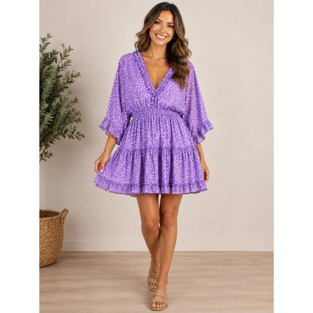 Women's Floral Boho MIni Dress Size Medium Purple Lilac - Picture 1 of 11